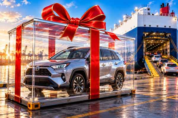 Gift-wrapped vehicle ready for shipping to family in Puerto Rico